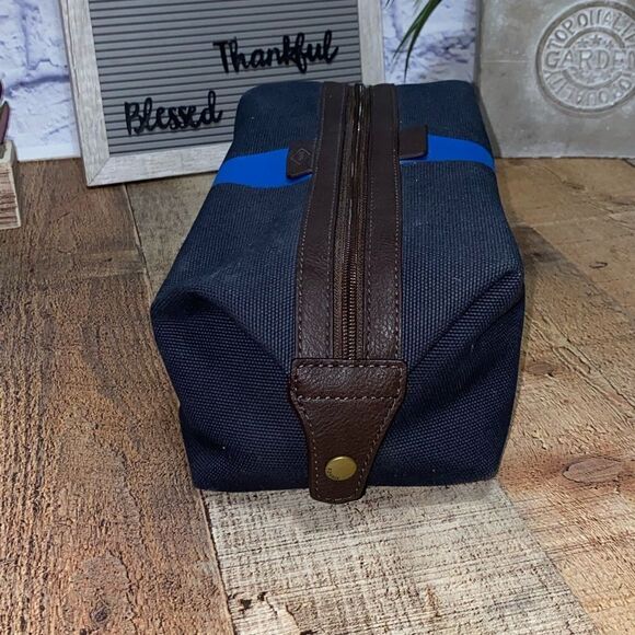 Fossil Men's Leather Framed Toiletry Travel Bag  Dark Brown Navy Blue - Picture 5 of 12